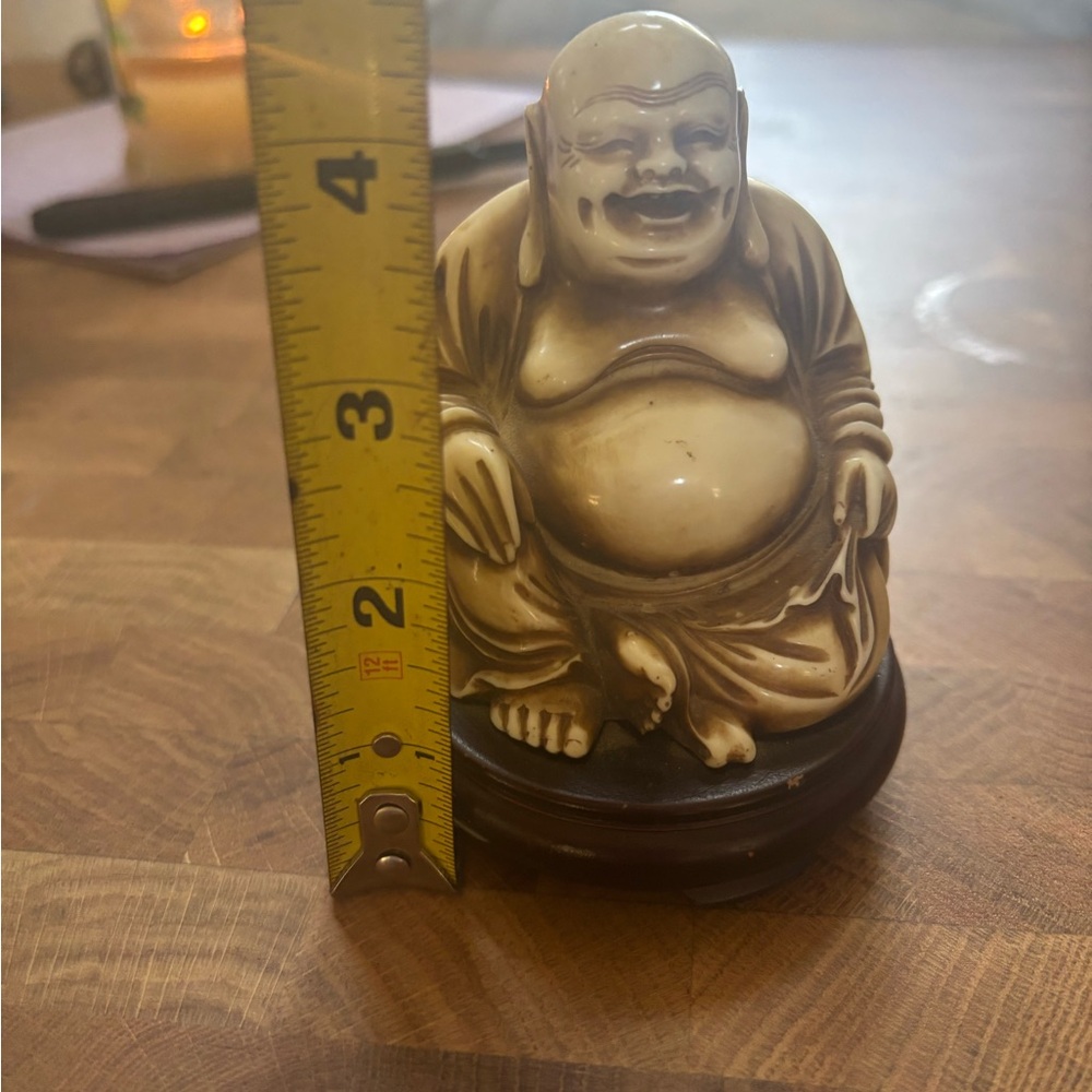 Vintage Ivory Laughing Buddha Figurine on Dark Brown Base -